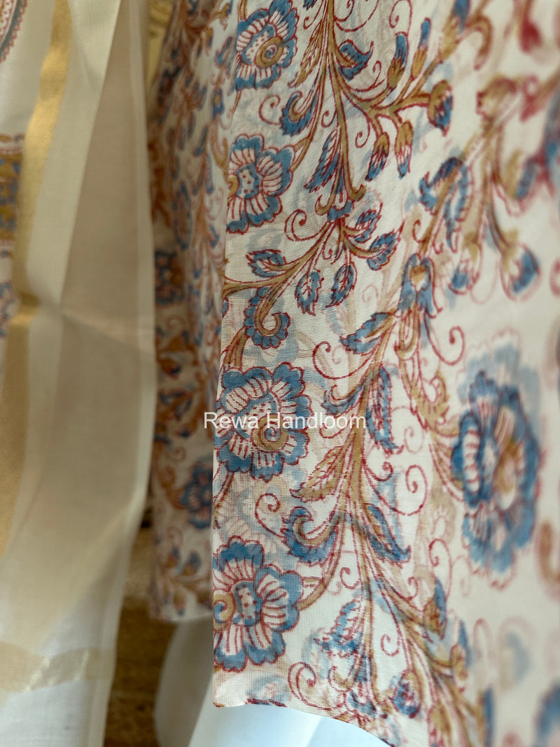 Maheshwari White Handblock Print Top-Dupatta HBS0131