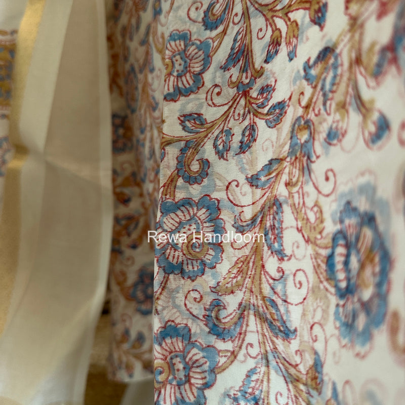 Maheshwari White Handblock Print Top-Dupatta HBS0131