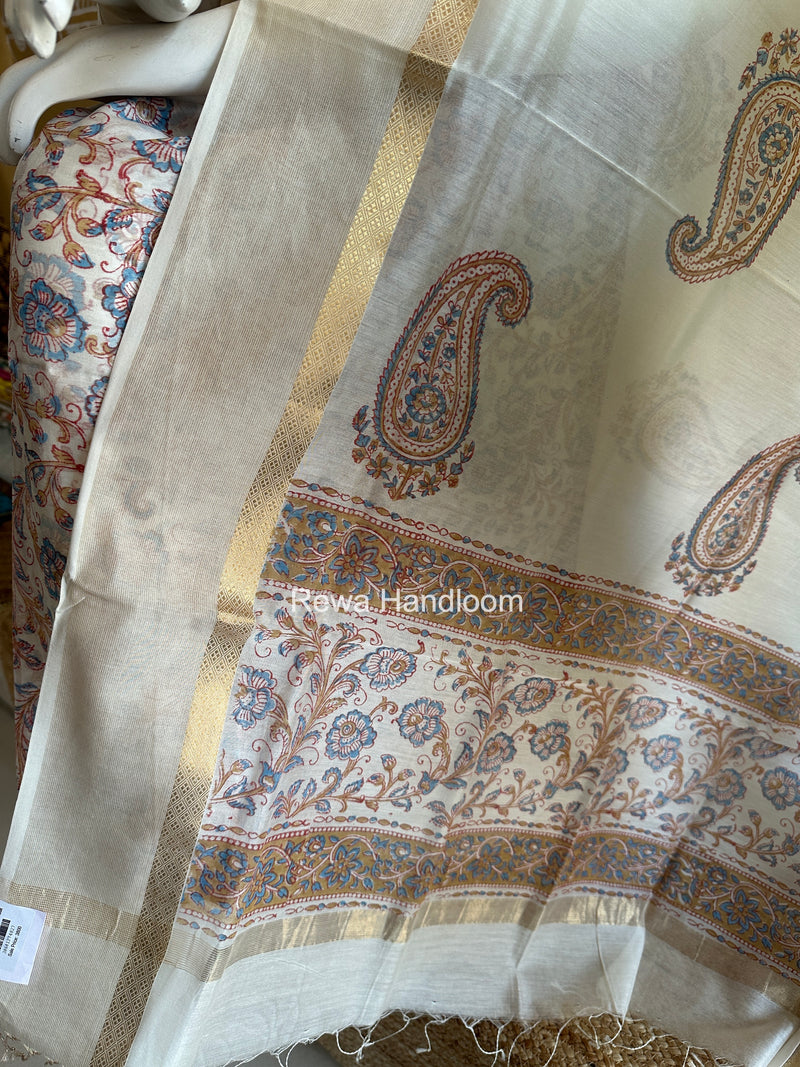 Maheshwari White Handblock Print Top-Dupatta HBS0131