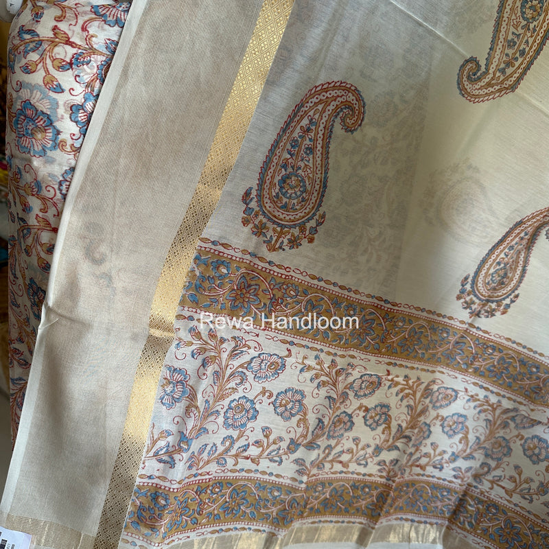 Maheshwari White Handblock Print Top-Dupatta HBS0131