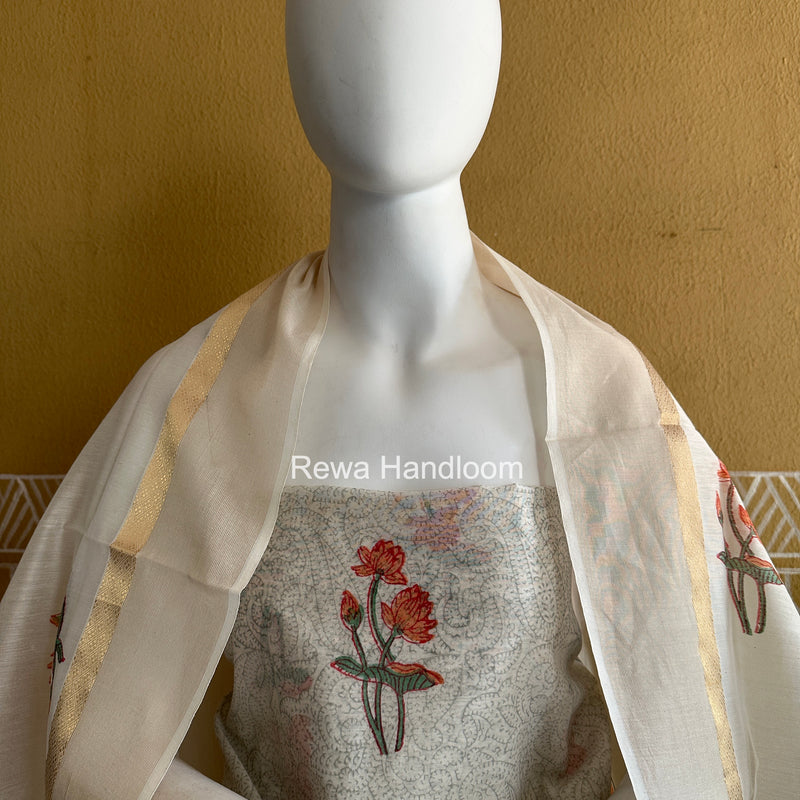 Maheshwari White Handblock Print Top-Dupatta HBS0184