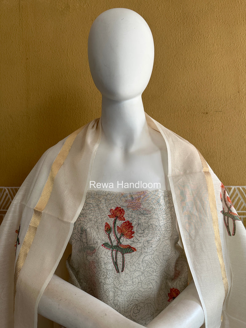 Maheshwari White Handblock Print Top-Dupatta HBS0213