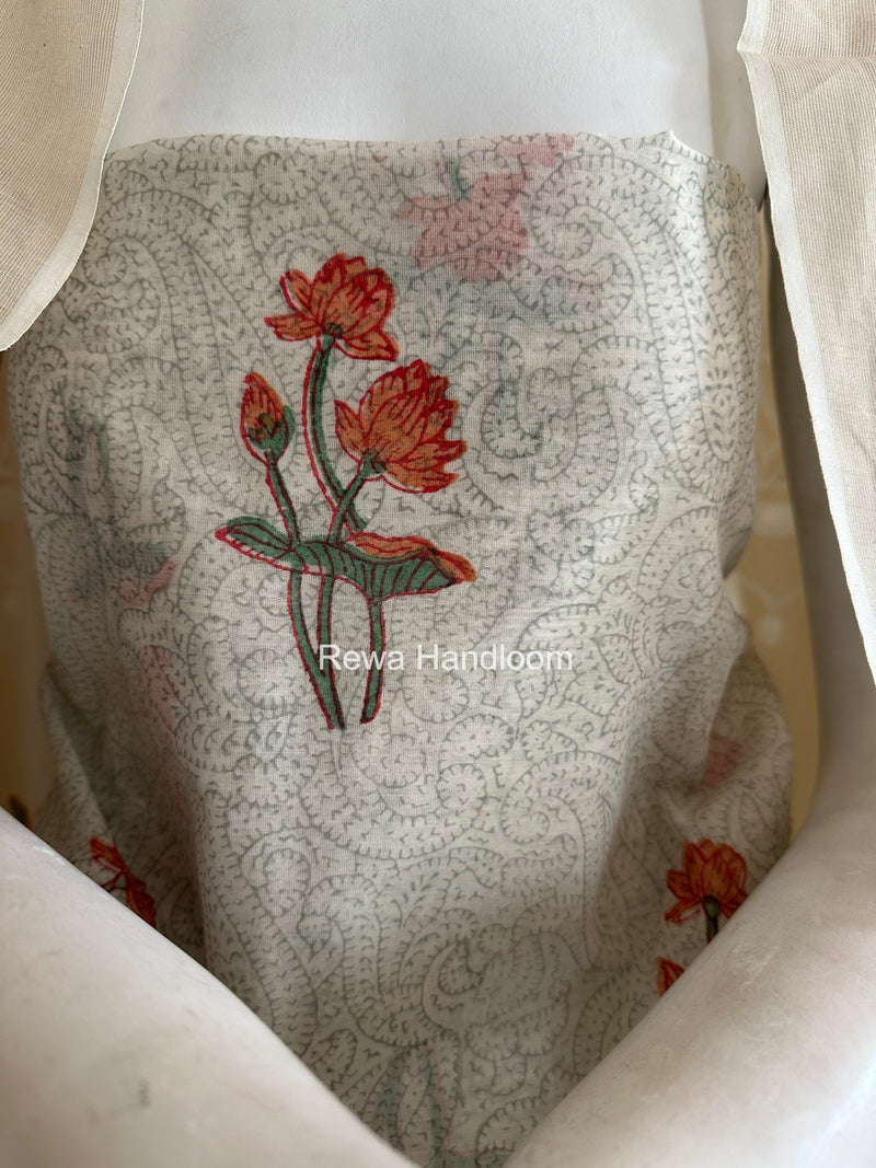 Maheshwari White Handblock Print Top-Dupatta HBS0213