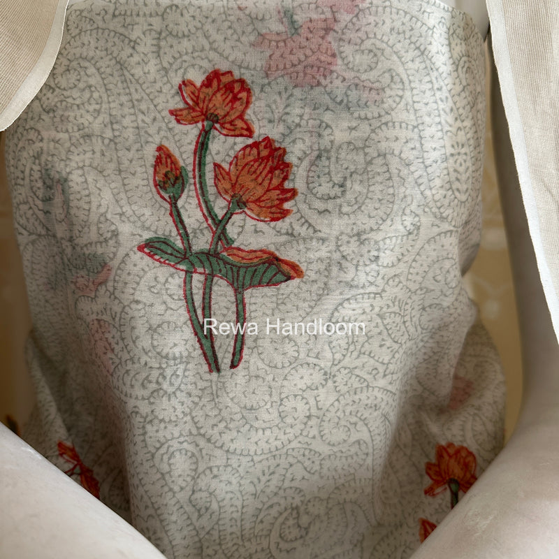 Maheshwari White Handblock Print Top-Dupatta HBS0213