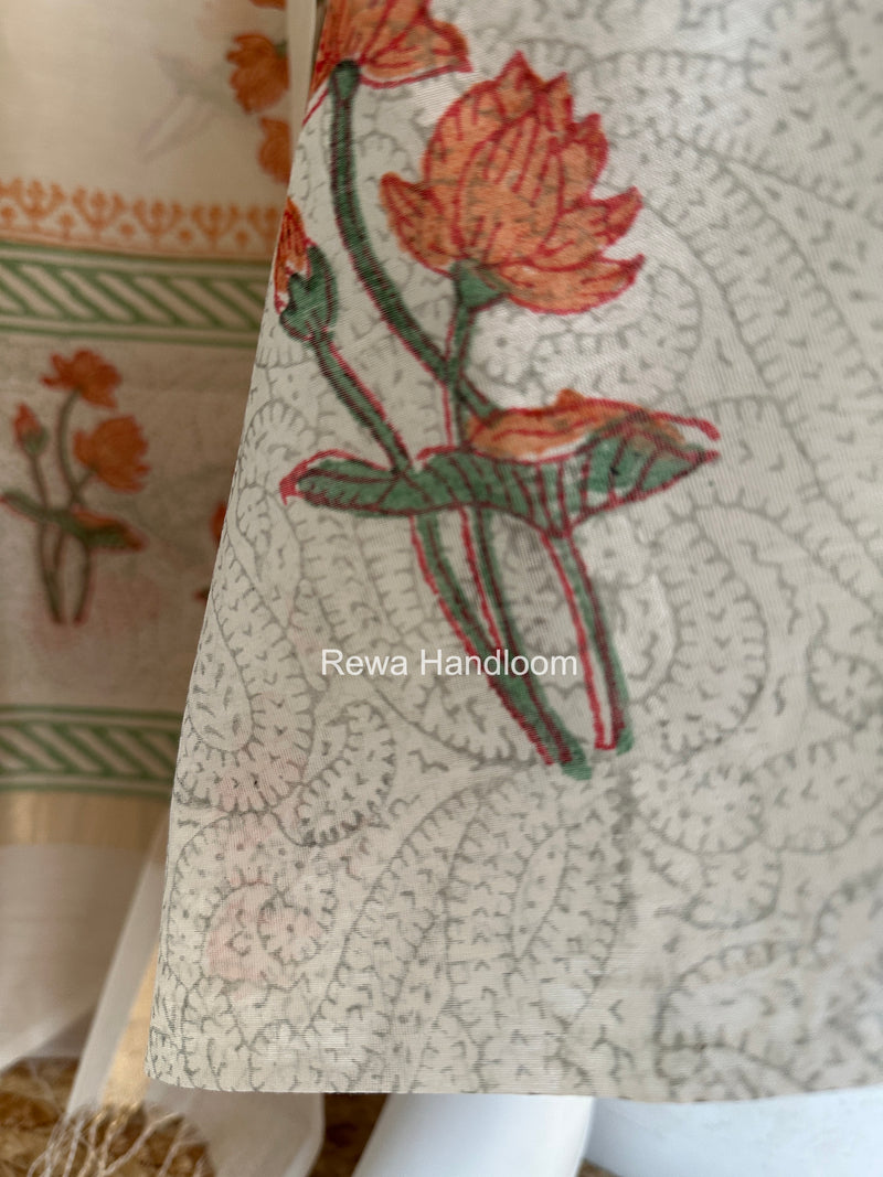 Maheshwari White Handblock Print Top-Dupatta HBS0213
