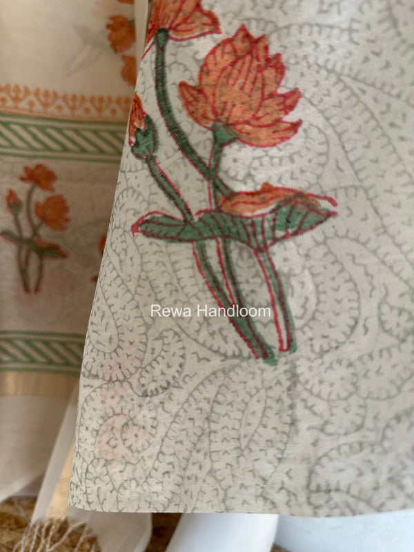 Maheshwari White Handblock Print Top-Dupatta HBS0213