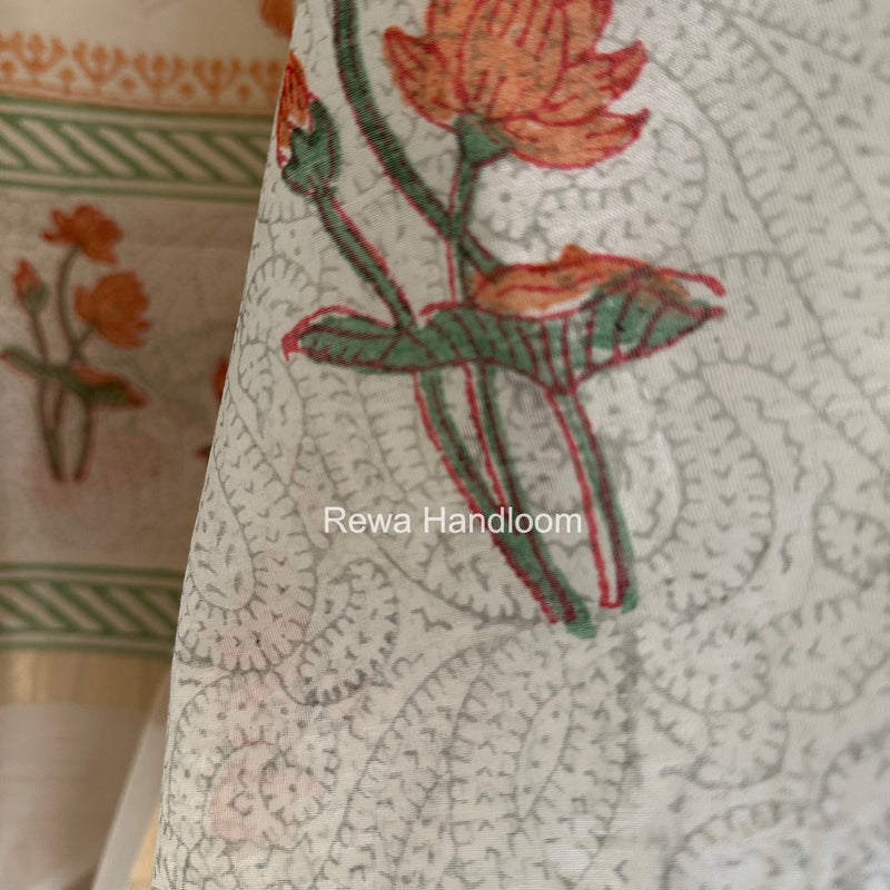 Maheshwari White Handblock Print Top-Dupatta HBS0184