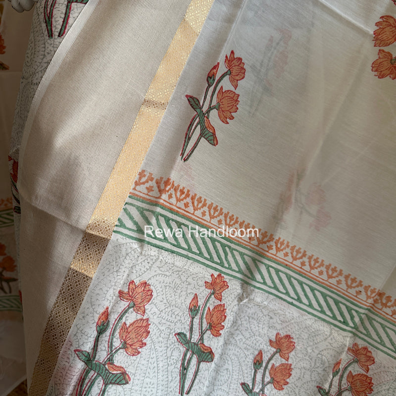 Maheshwari White Handblock Print Top-Dupatta HBS0213