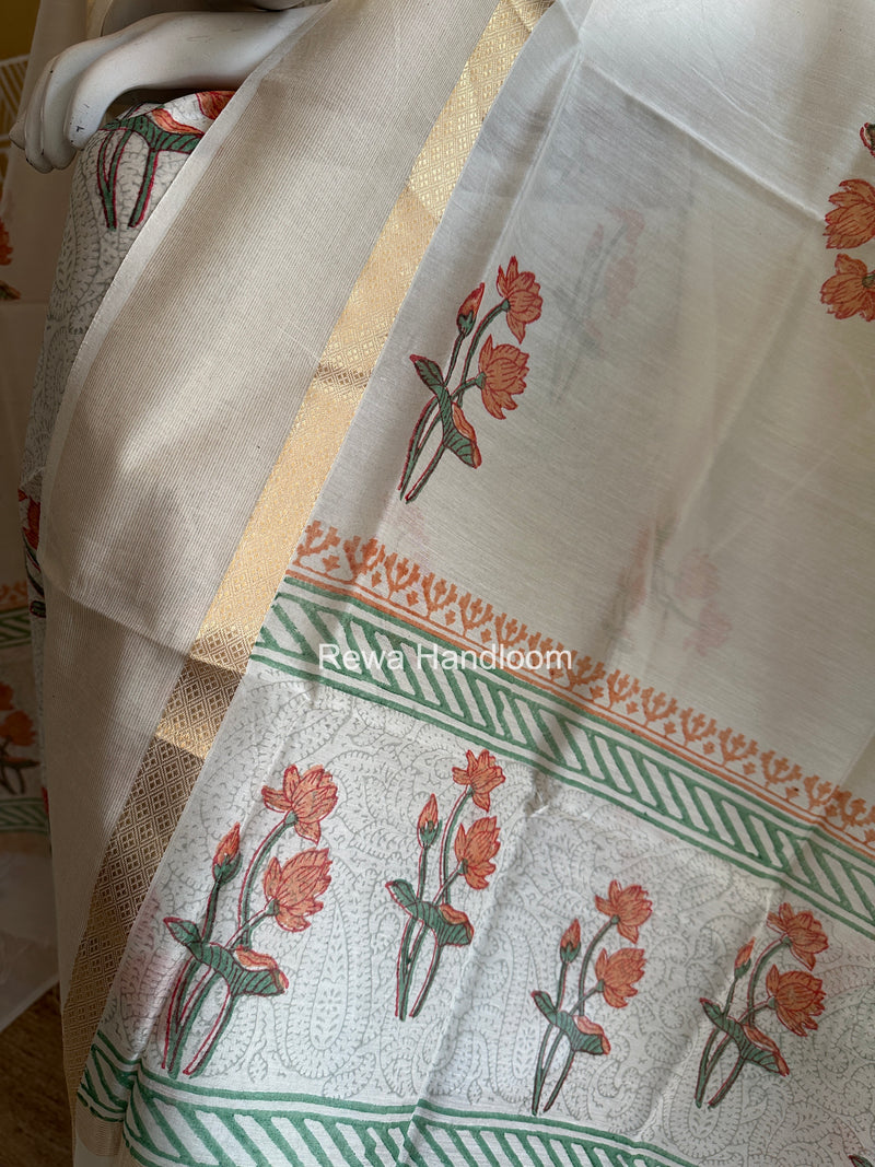 Maheshwari White Handblock Print Top-Dupatta HBS0184