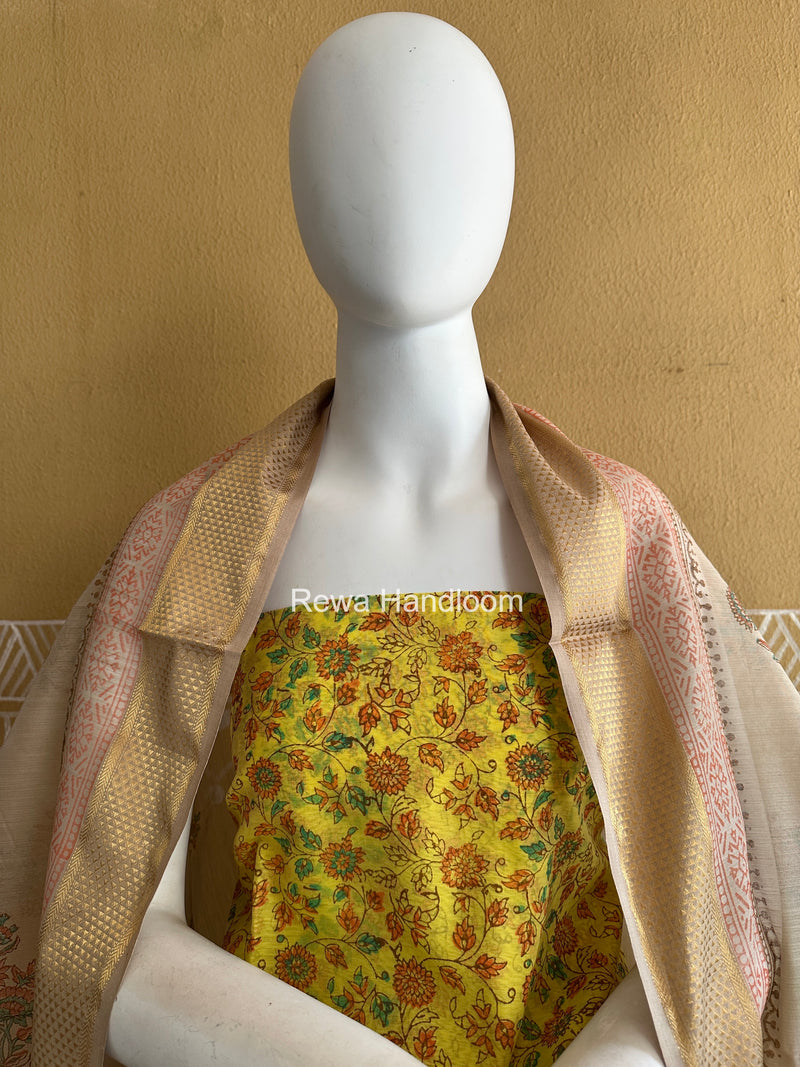 Maheshwari Yellow-Tussar Handblock Print Top-Dupatta HBS065
