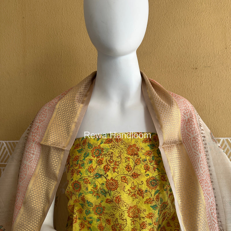 Maheshwari Yellow-Tussar Handblock Print Top-Dupatta HBS065