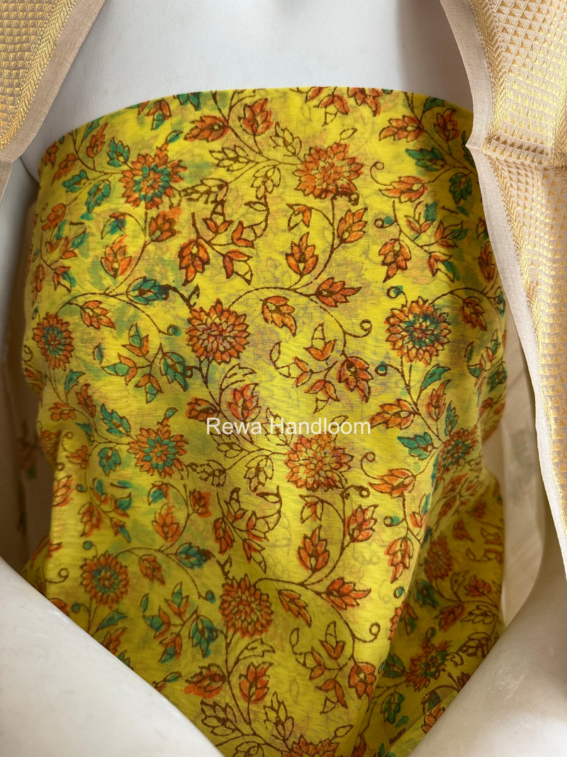 Maheshwari Yellow-Tussar Handblock Print Top-Dupatta HBS065
