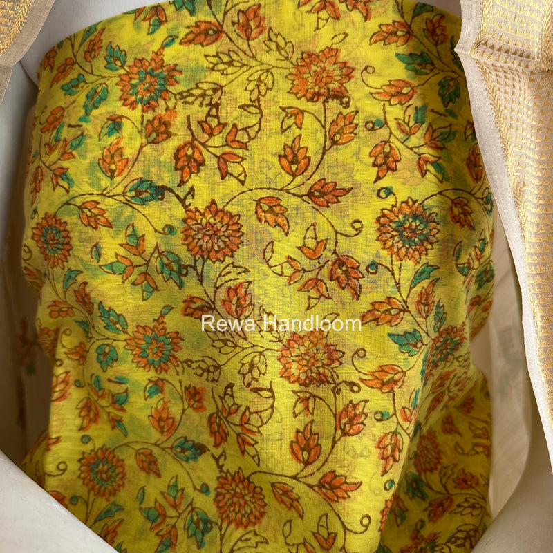 Maheshwari Yellow-Tussar Handblock Print Top-Dupatta HBS065