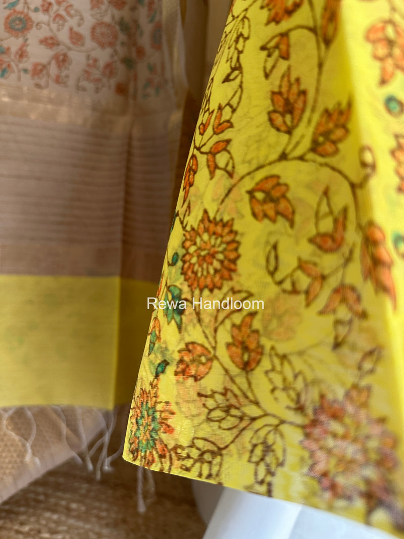 Maheshwari Yellow-Tussar Handblock Print Top-Dupatta HBS065