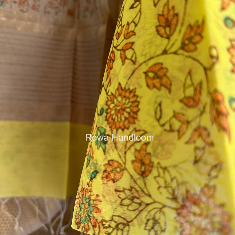 Maheshwari Yellow-Tussar Handblock Print Top-Dupatta HBS065