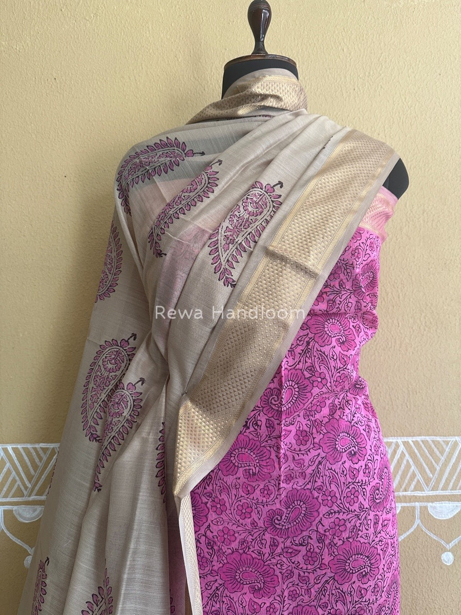 Maheshwari Pink-Tussar Handblock Print Top-Dupatta HBS062