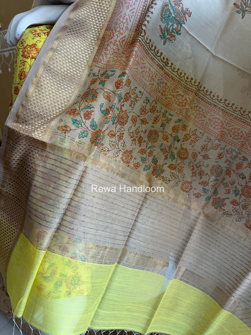 Maheshwari Yellow-Tussar Handblock Print Top-Dupatta HBS065