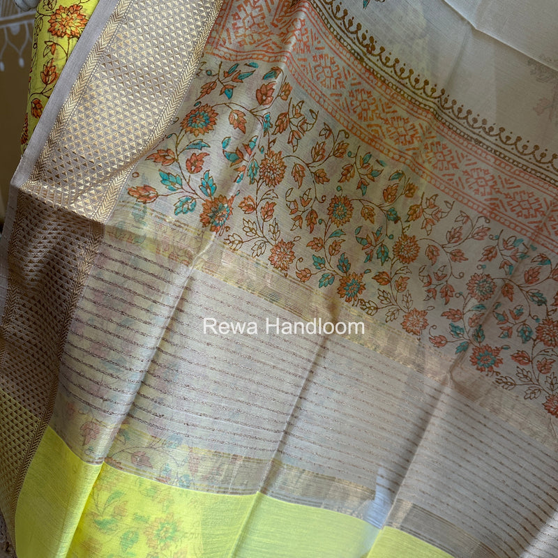 Maheshwari Yellow-Tussar Handblock Print Top-Dupatta HBS065