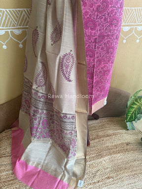 Maheshwari Pink-Tussar Handblock Print Top-Dupatta HBS062
