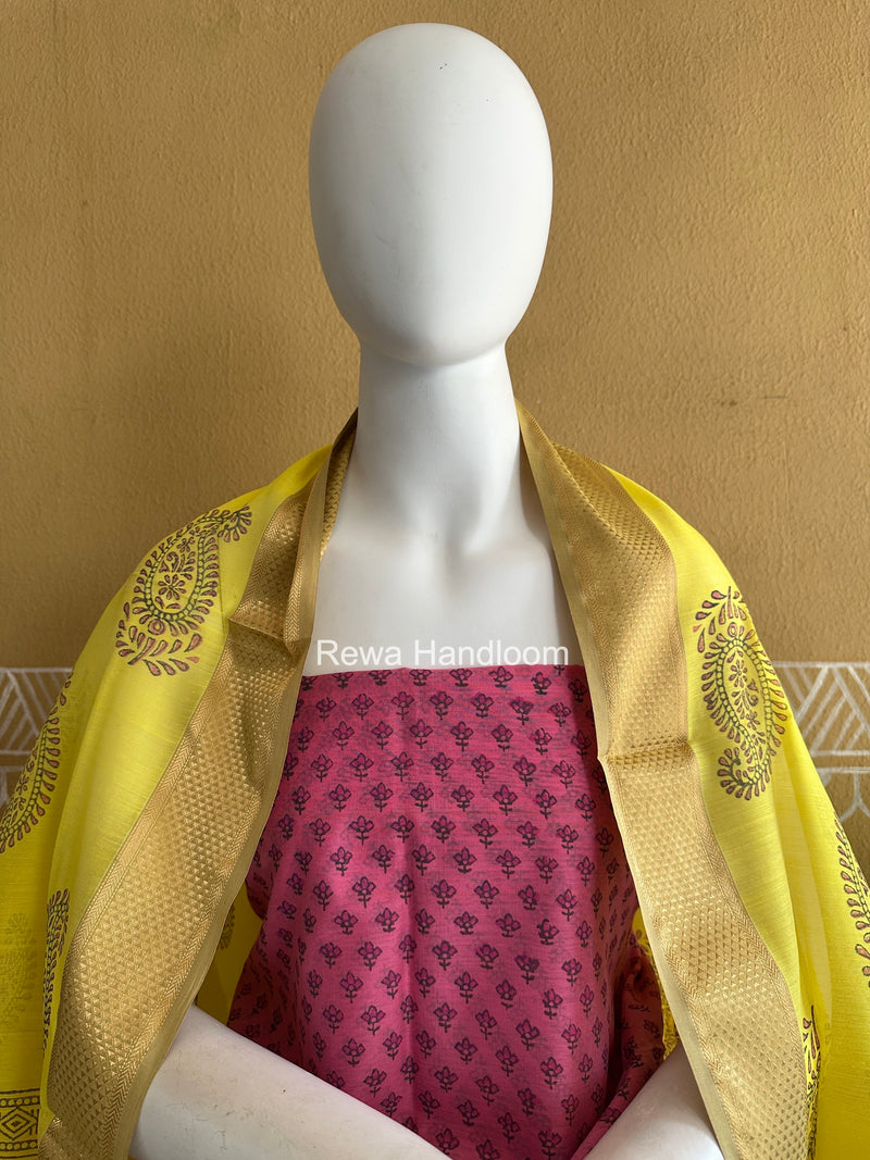 Maheshwari Pink-Yellow Handblock Print Top-Dupatta HBS049
