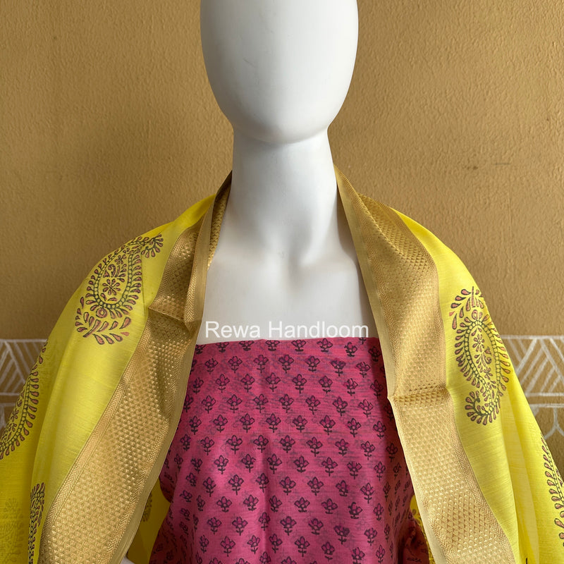 Maheshwari Pink-Yellow Handblock Print Top-Dupatta HBS049