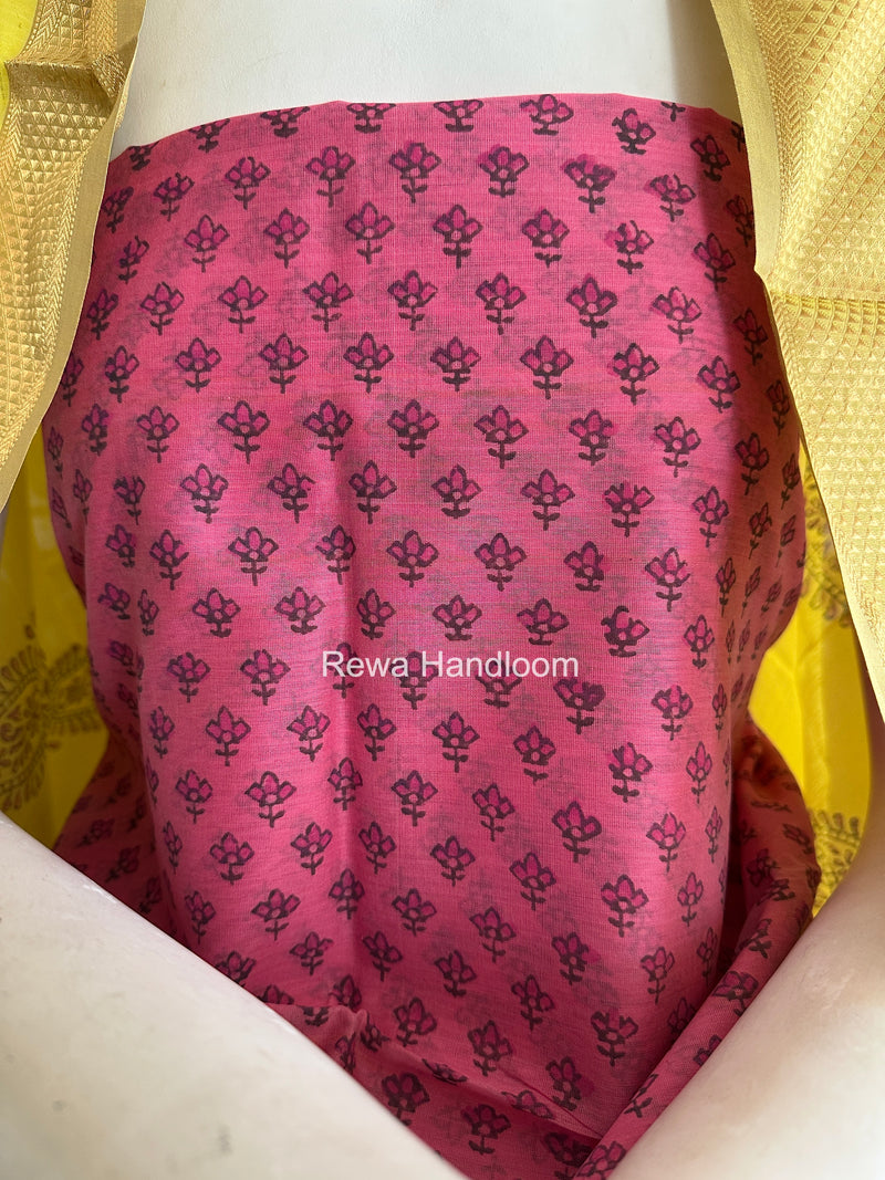 Maheshwari Pink-Yellow Handblock Print Top-Dupatta HBS049