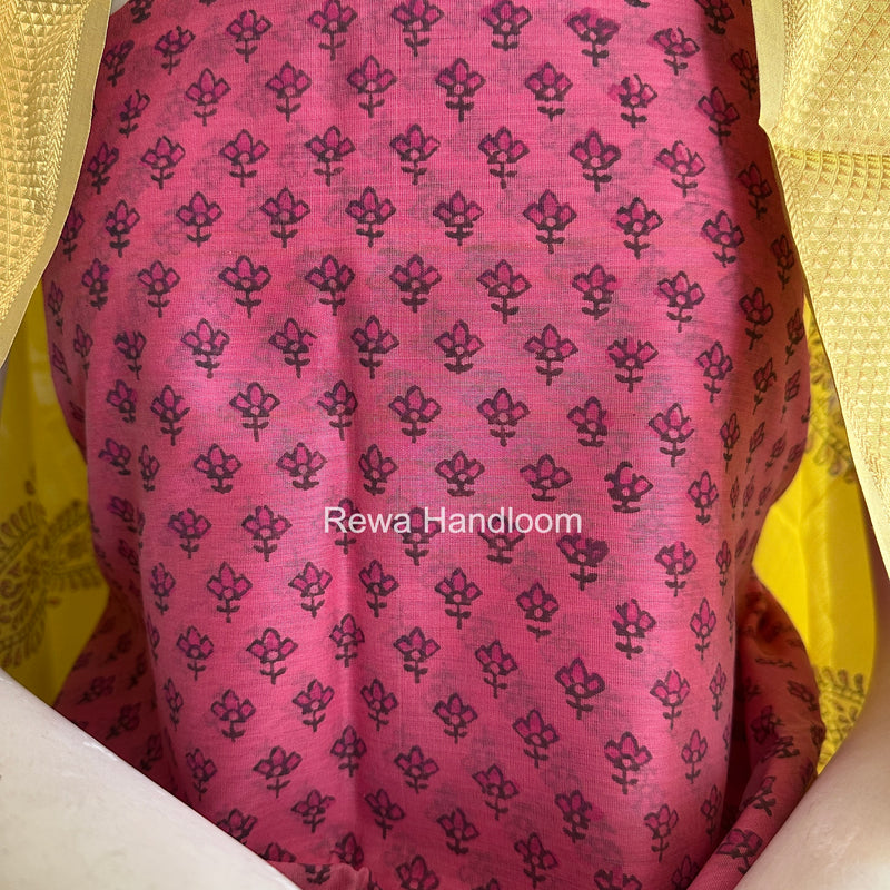 Maheshwari Pink-Yellow Handblock Print Top-Dupatta HBS049