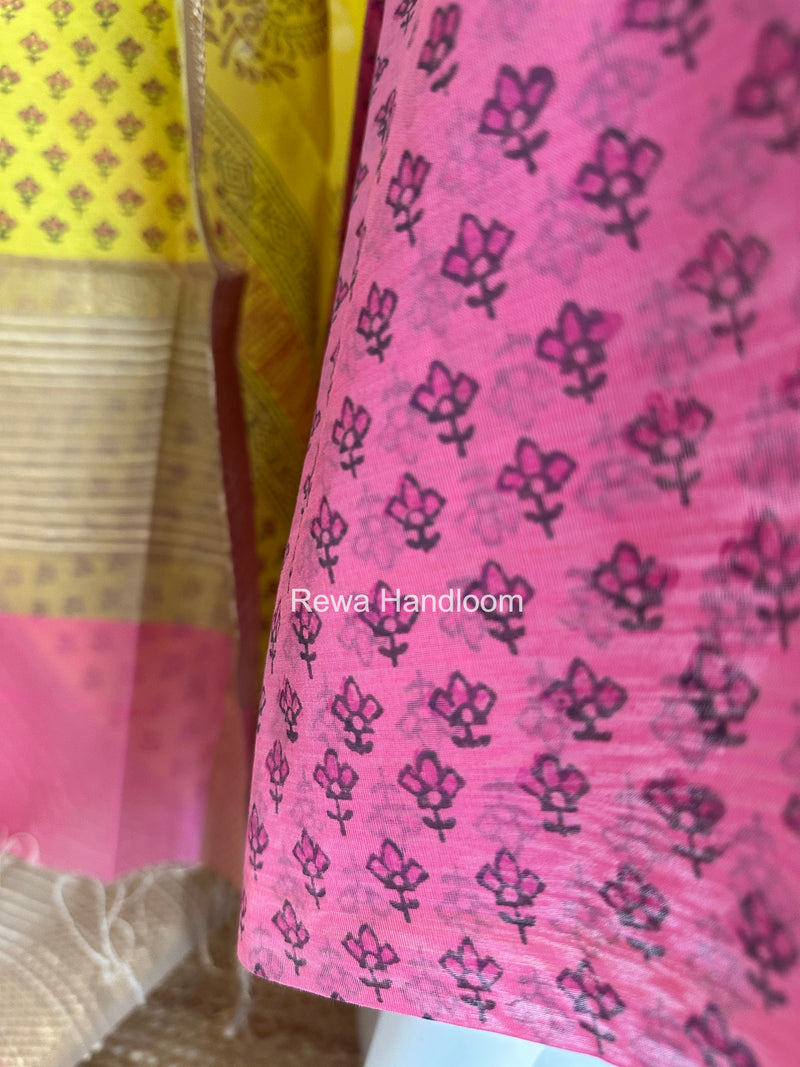 Maheshwari Pink-Yellow Handblock Print Top-Dupatta HBS049