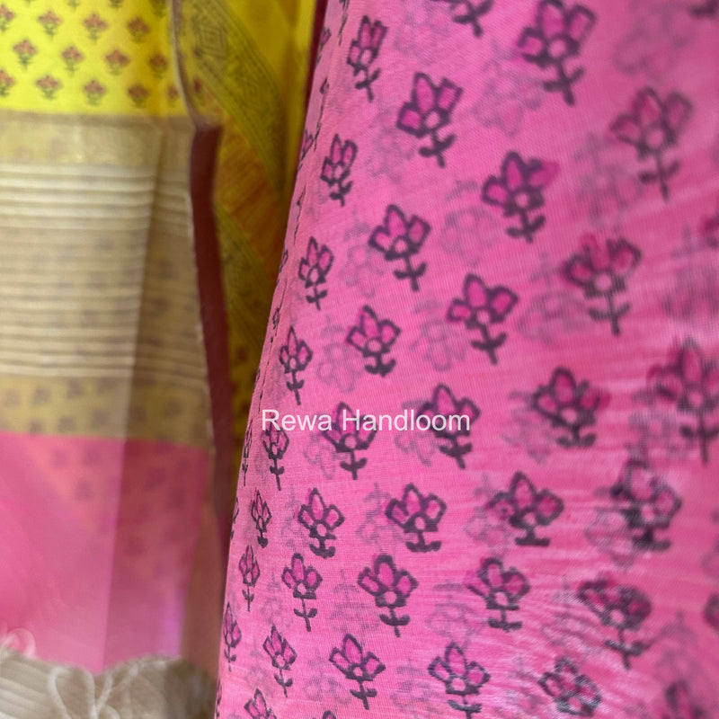 Maheshwari Pink-Yellow Handblock Print Top-Dupatta HBS049