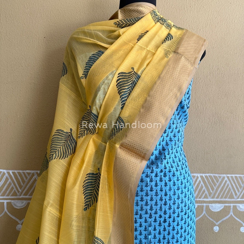 Maheshwari Sky Blue-Yellow Handblock Print Top-Dupatta HBS054