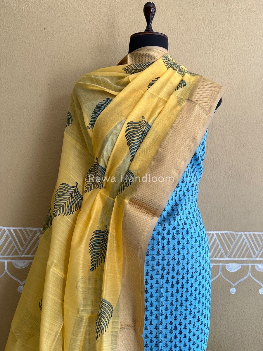 Maheshwari Sky Blue-Yellow Handblock Print Top-Dupatta HBS054