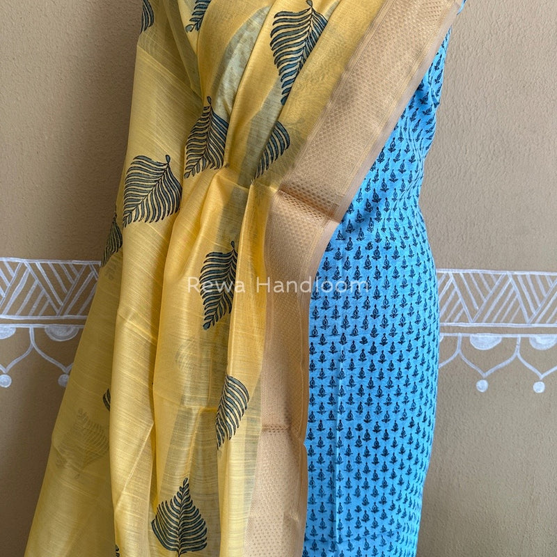 Maheshwari Sky Blue-Yellow Handblock Print Top-Dupatta HBS054