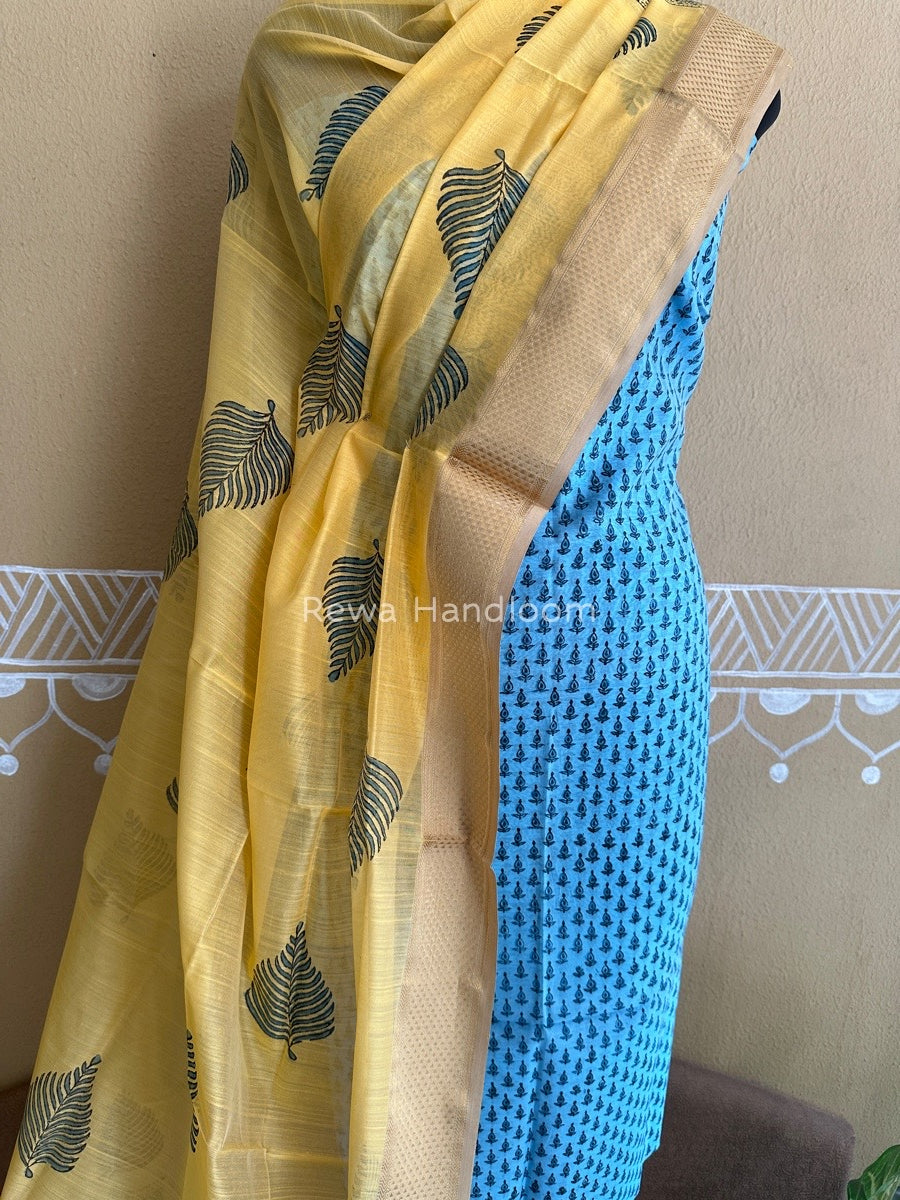 Maheshwari Sky Blue-Yellow Handblock Print Top-Dupatta HBS054