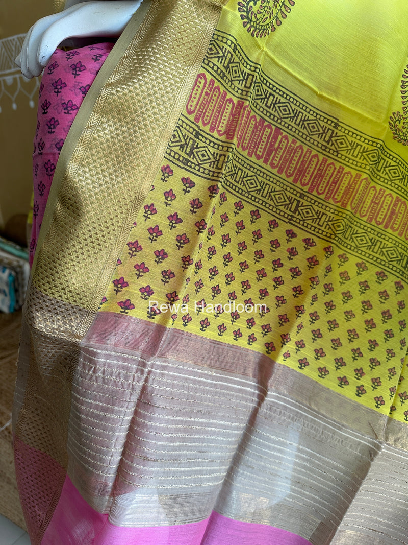 Maheshwari Pink-Yellow Handblock Print Top-Dupatta HBS049