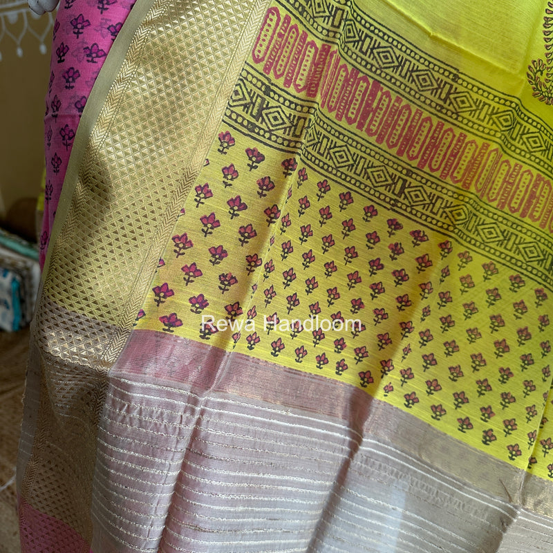 Maheshwari Pink-Yellow Handblock Print Top-Dupatta HBS049