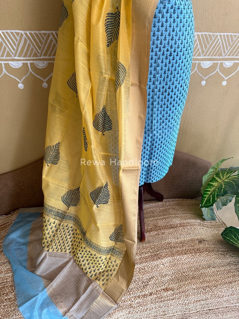Maheshwari Sky Blue-Yellow Handblock Print Top-Dupatta HBS054