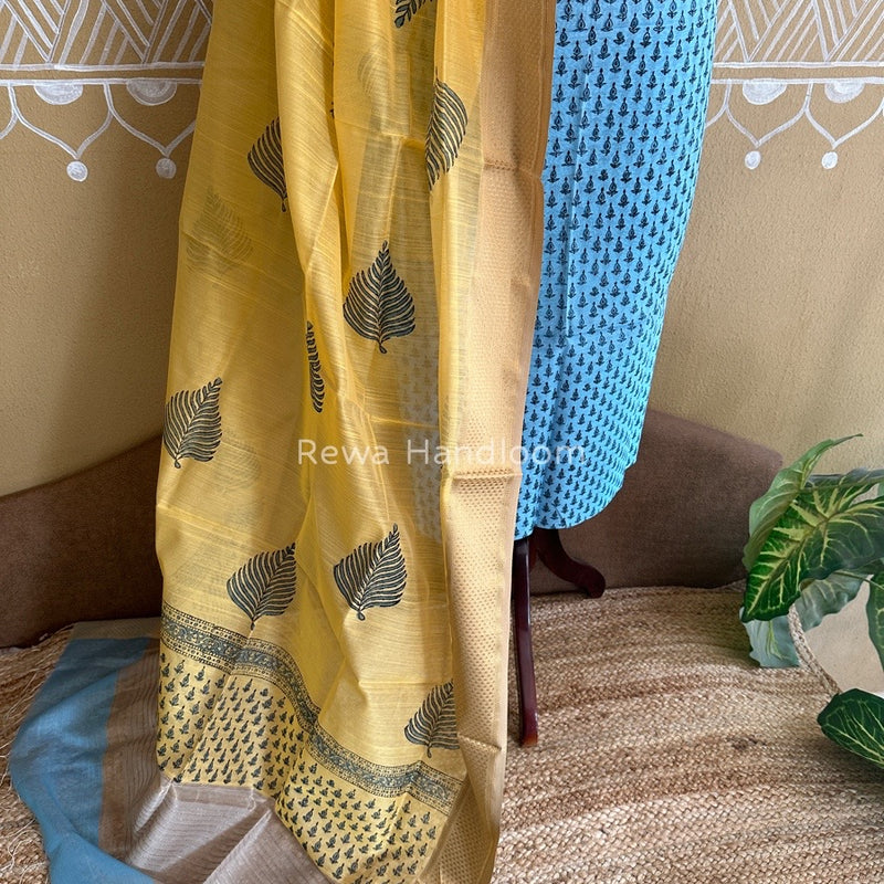 Maheshwari Sky Blue-Yellow Handblock Print Top-Dupatta HBS054