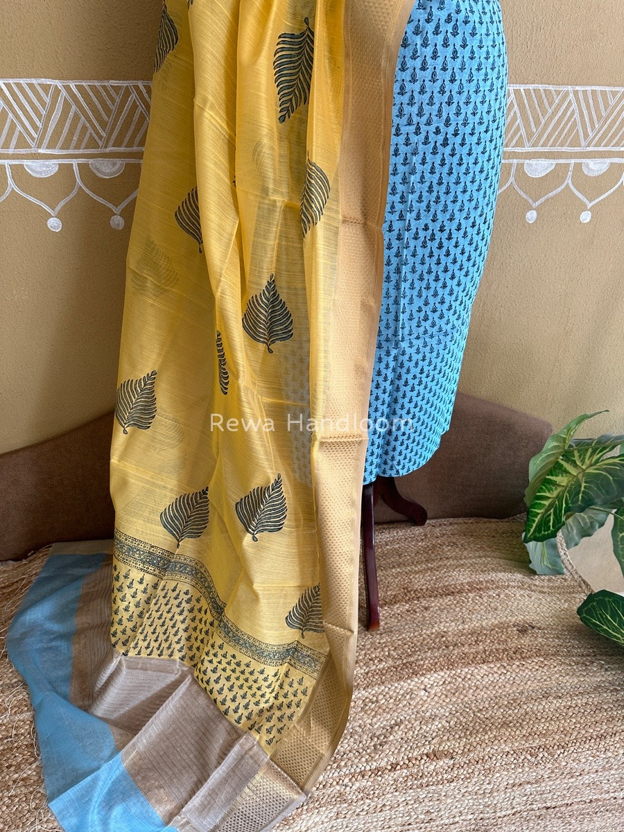 Maheshwari Sky Blue-Yellow Handblock Print Top-Dupatta HBS054