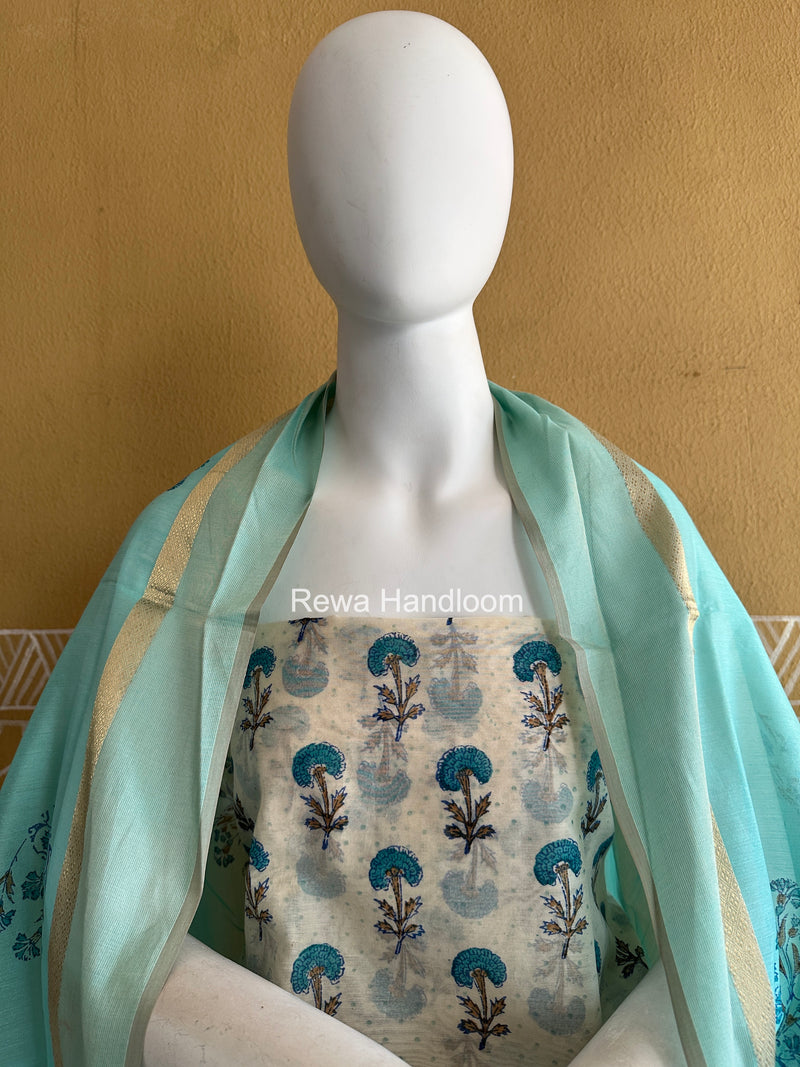 Maheshwari White Handblock Print Top-Dupatta HBS0176