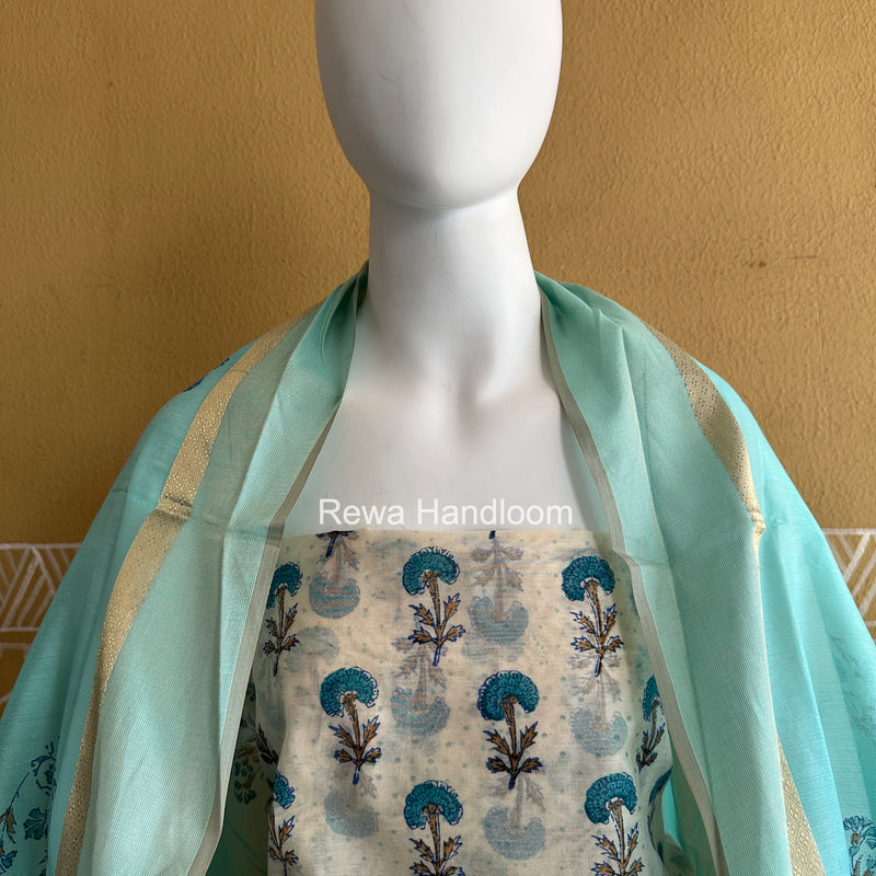Maheshwari White Handblock Print Top-Dupatta HBS0176