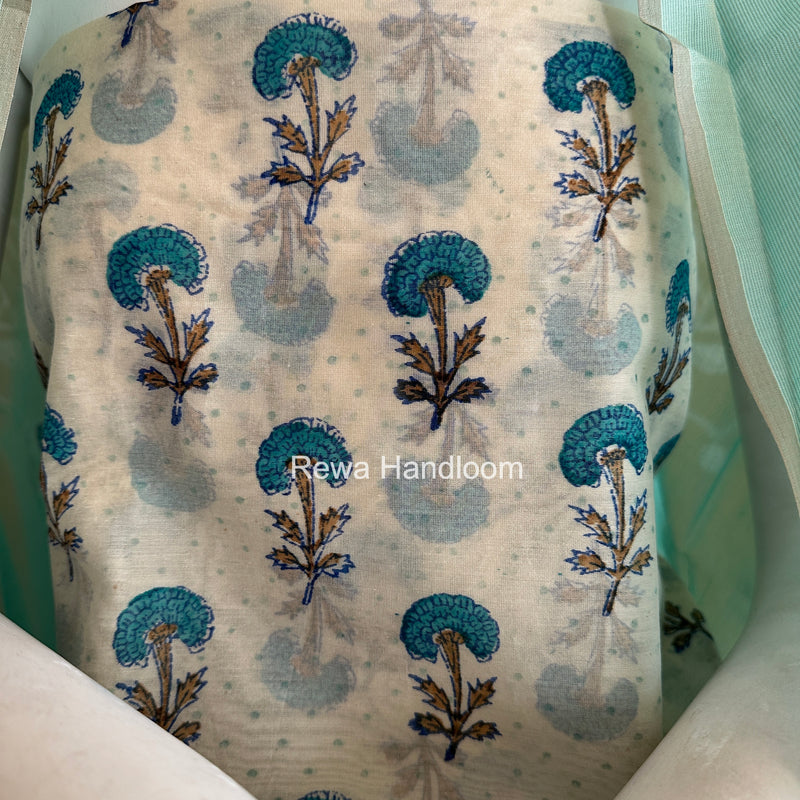 Maheshwari White Handblock Print Top-Dupatta HBS0176