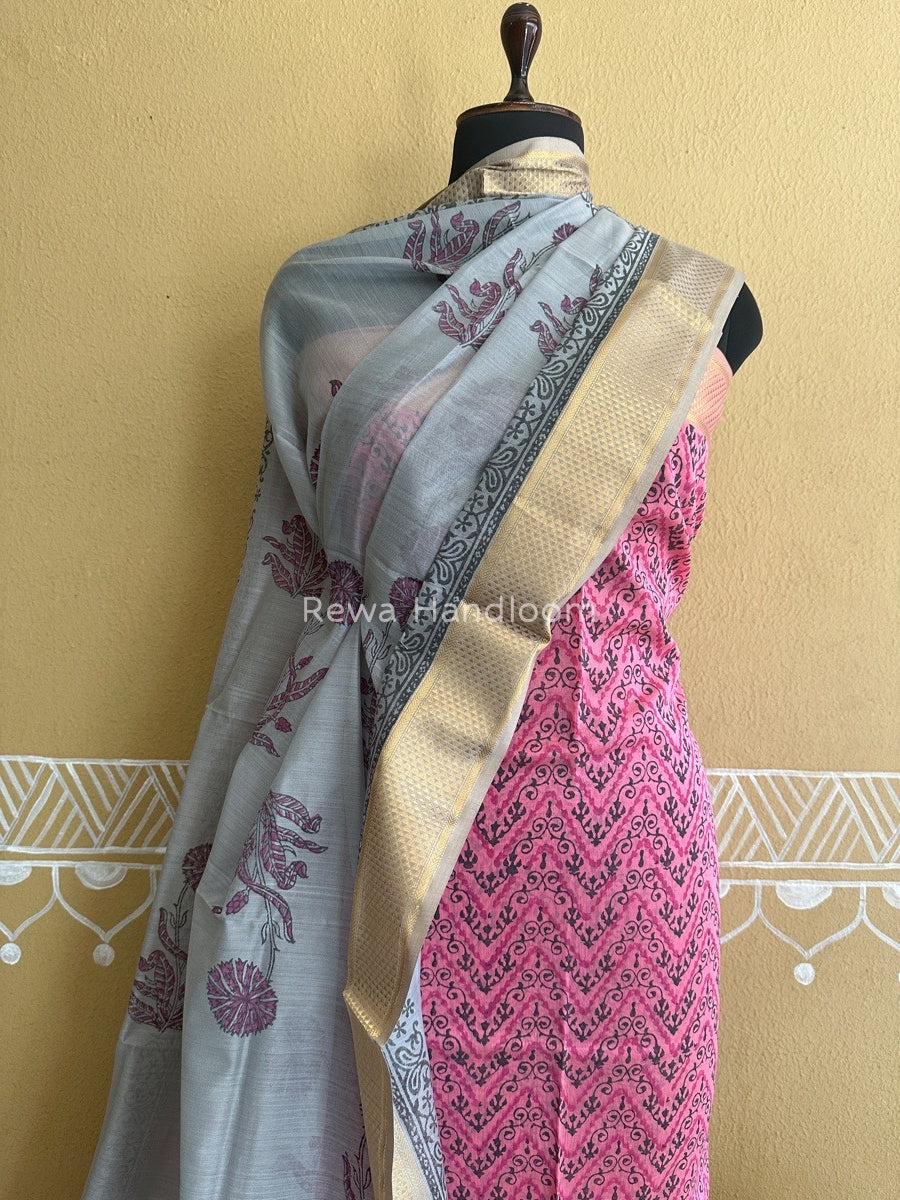 Maheshwari Pink-Grey Handblock Print Top-Dupatta HBS067