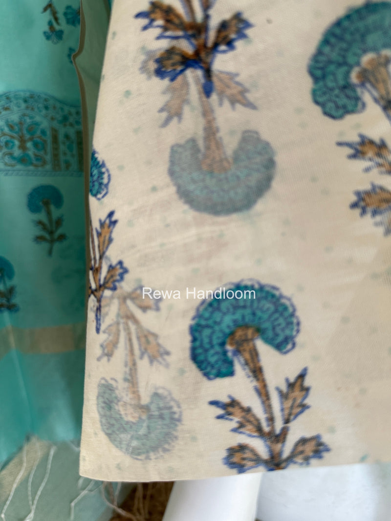 Maheshwari White Handblock Print Top-Dupatta HBS0176