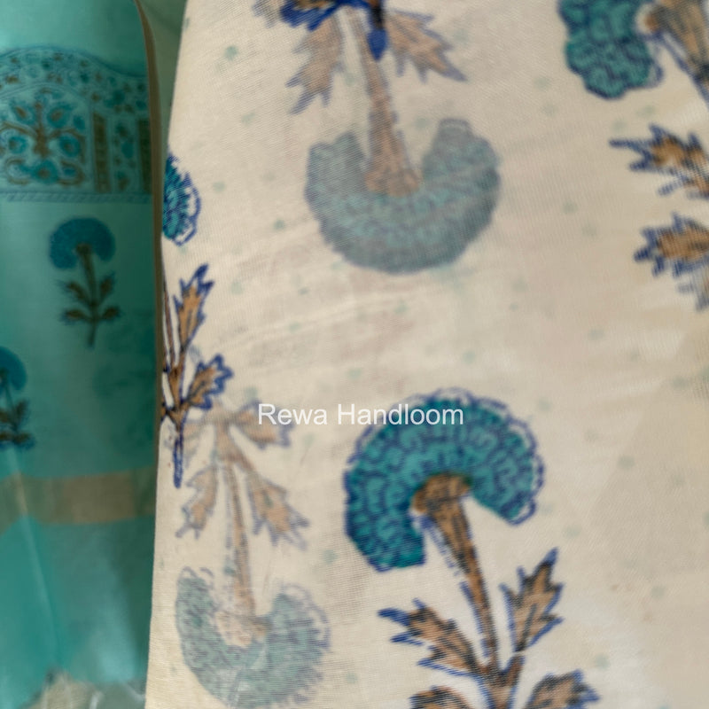 Maheshwari White Handblock Print Top-Dupatta HBS0176