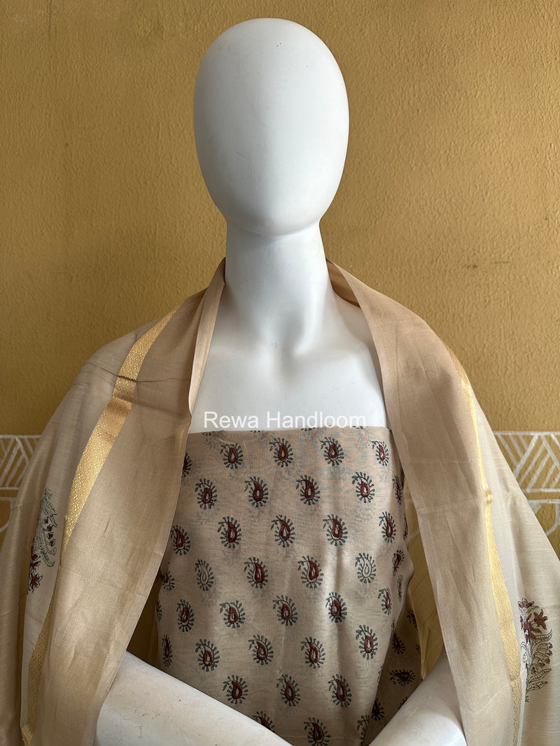 Maheshwari Beige Handblock Print Top-Dupatta HBS0214