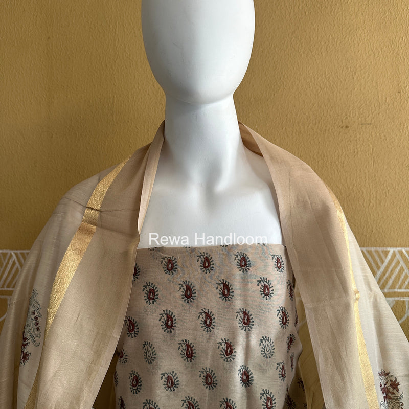 Maheshwari Beige Handblock Print Top-Dupatta HBS0214
