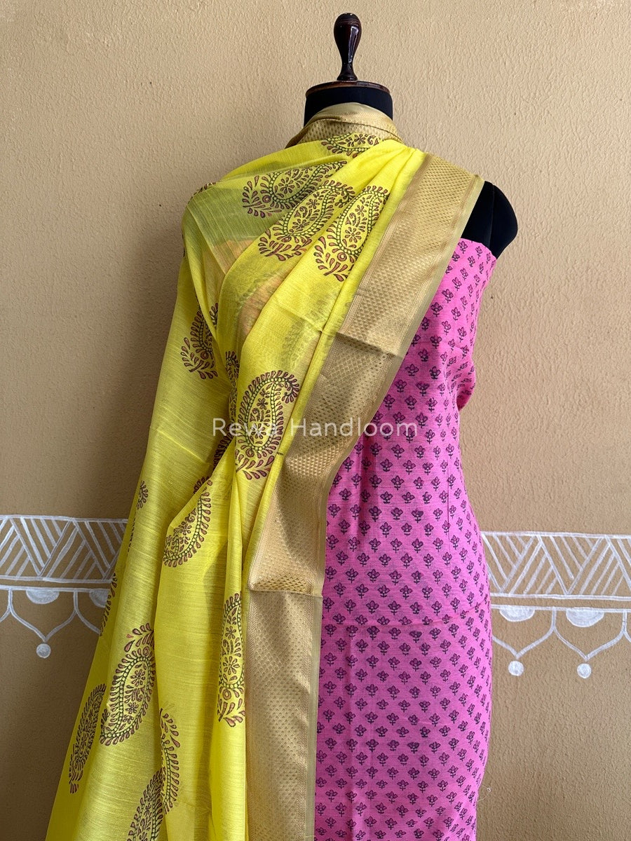 Maheshwari Pink-Yellow Handblock Print Top-Dupatta HBS049