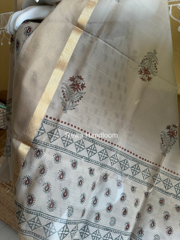 Maheshwari Beige Handblock Print Top-Dupatta HBS0214