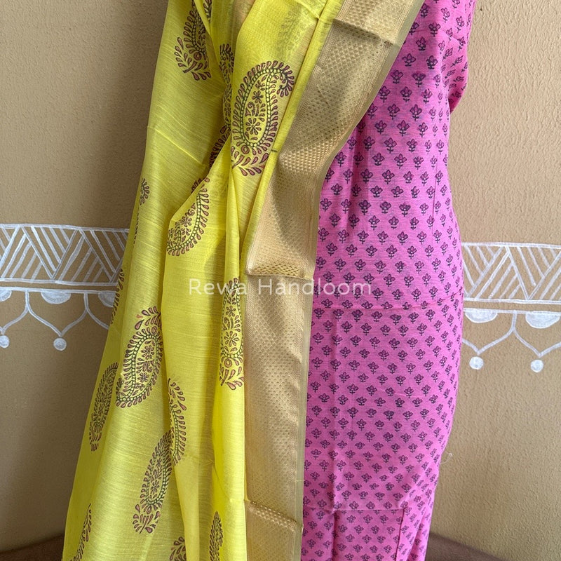 Maheshwari Pink-Yellow Handblock Print Top-Dupatta HBS049