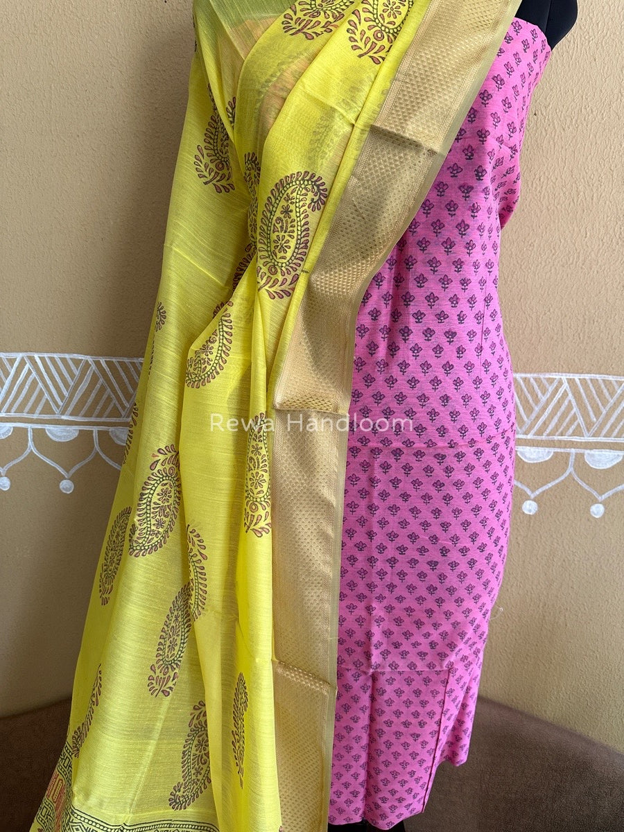 Maheshwari Pink-Yellow Handblock Print Top-Dupatta HBS049